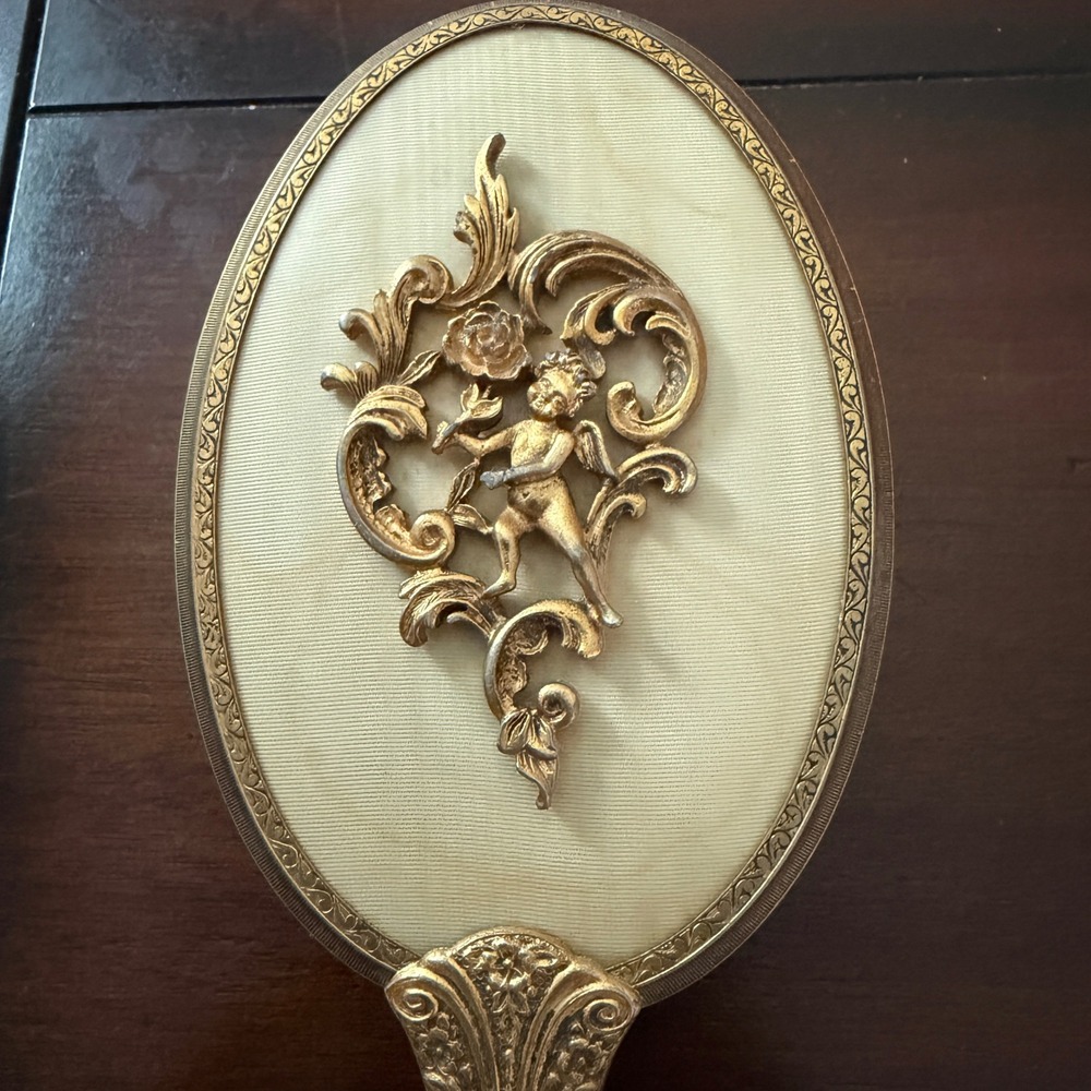 Vintage Gold Tone Cherub Cupid Ornate Floral Handle Hair Brush Vanity Decor